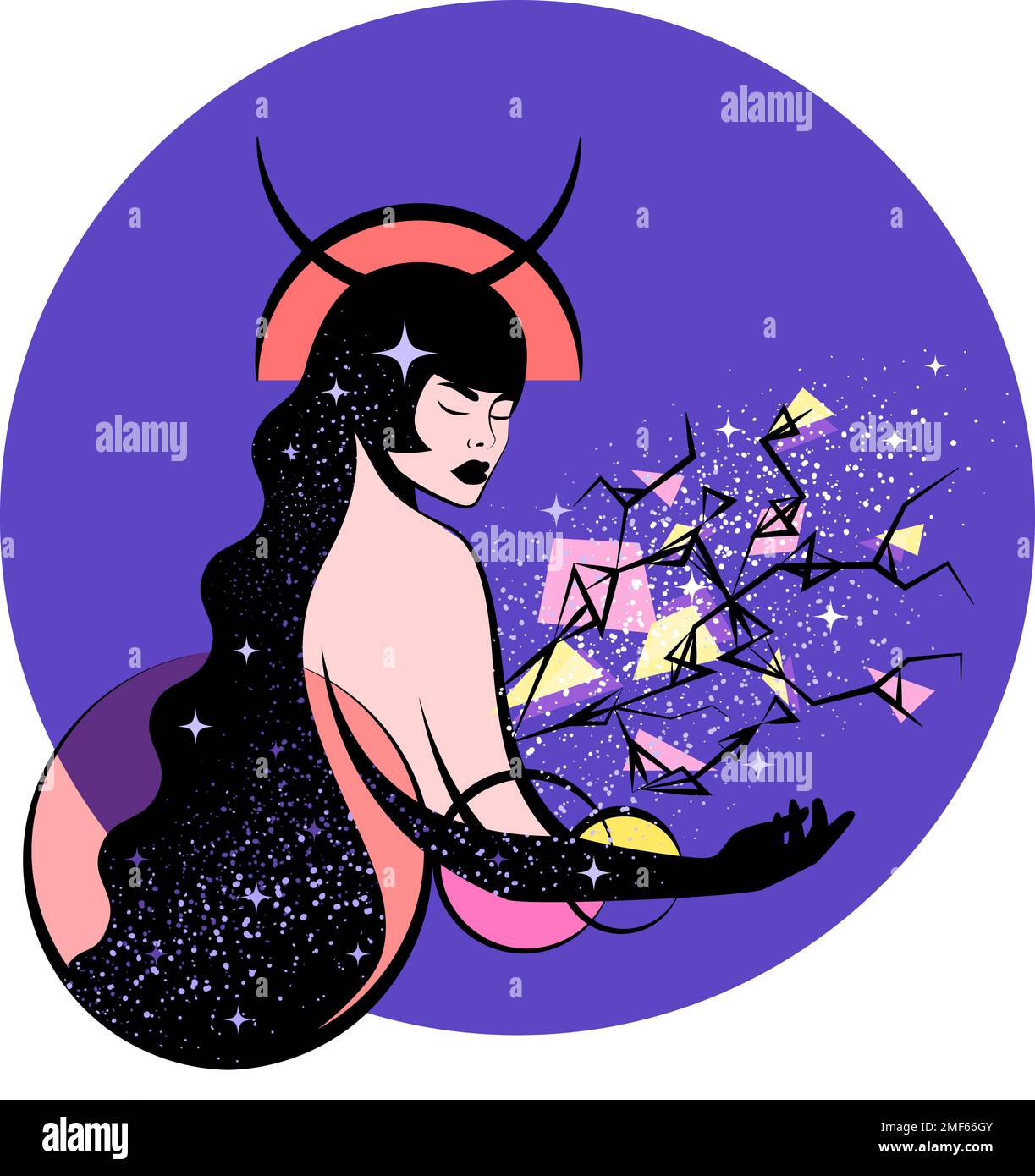 Darstellung der Sternenfigur Capricorn Frau im Hintergrund des Himmels und der Sterne. Stock Vektor