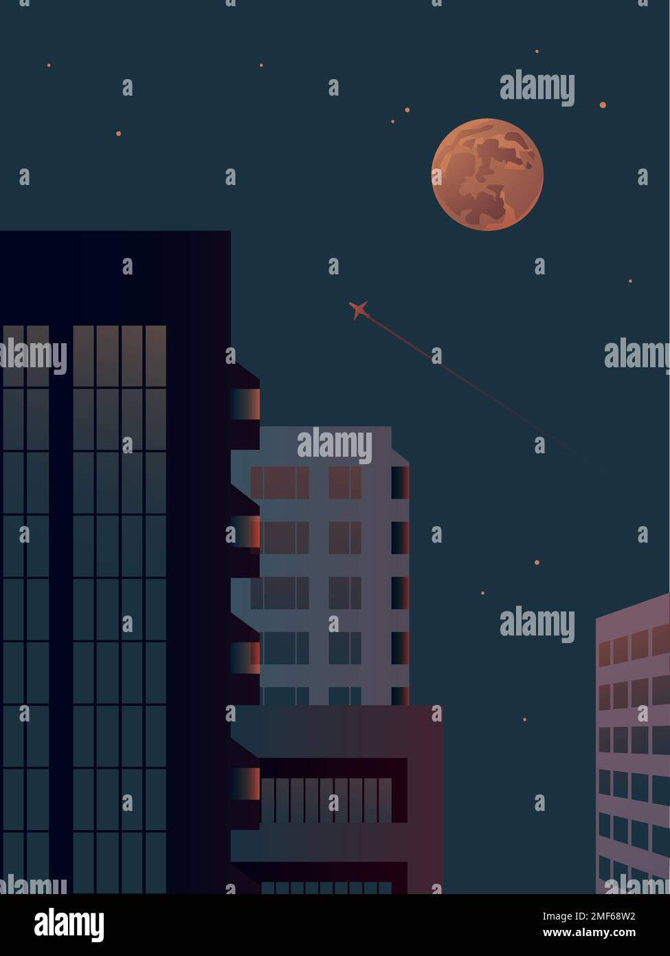 Illustration: Schlafende Gebäude in der Innenstadt. Blick auf die Dächer und Fenster. Landschaft der Nachtstadt und des Mondes. Moderne Gebäude, Architektur. Stock Vektor