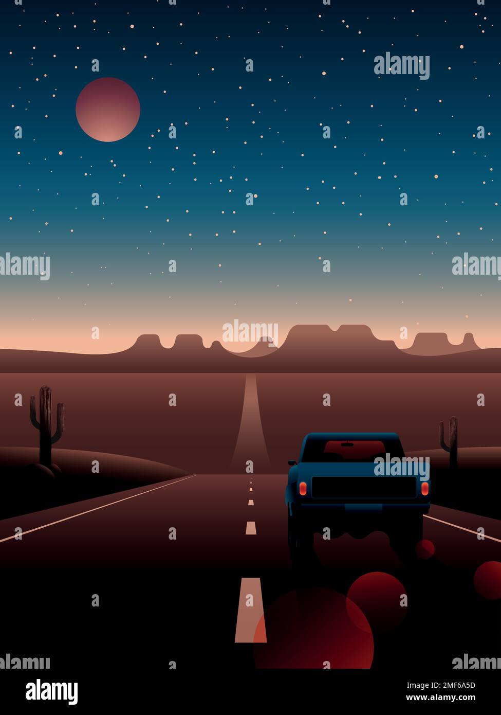 Pickup-Truck fährt auf einer Wüstenautobahn. Nachtlandschaft der Wüste und das Auto vor dem Hintergrund der Berge, Sterne und des Mondes. Stock Vektor