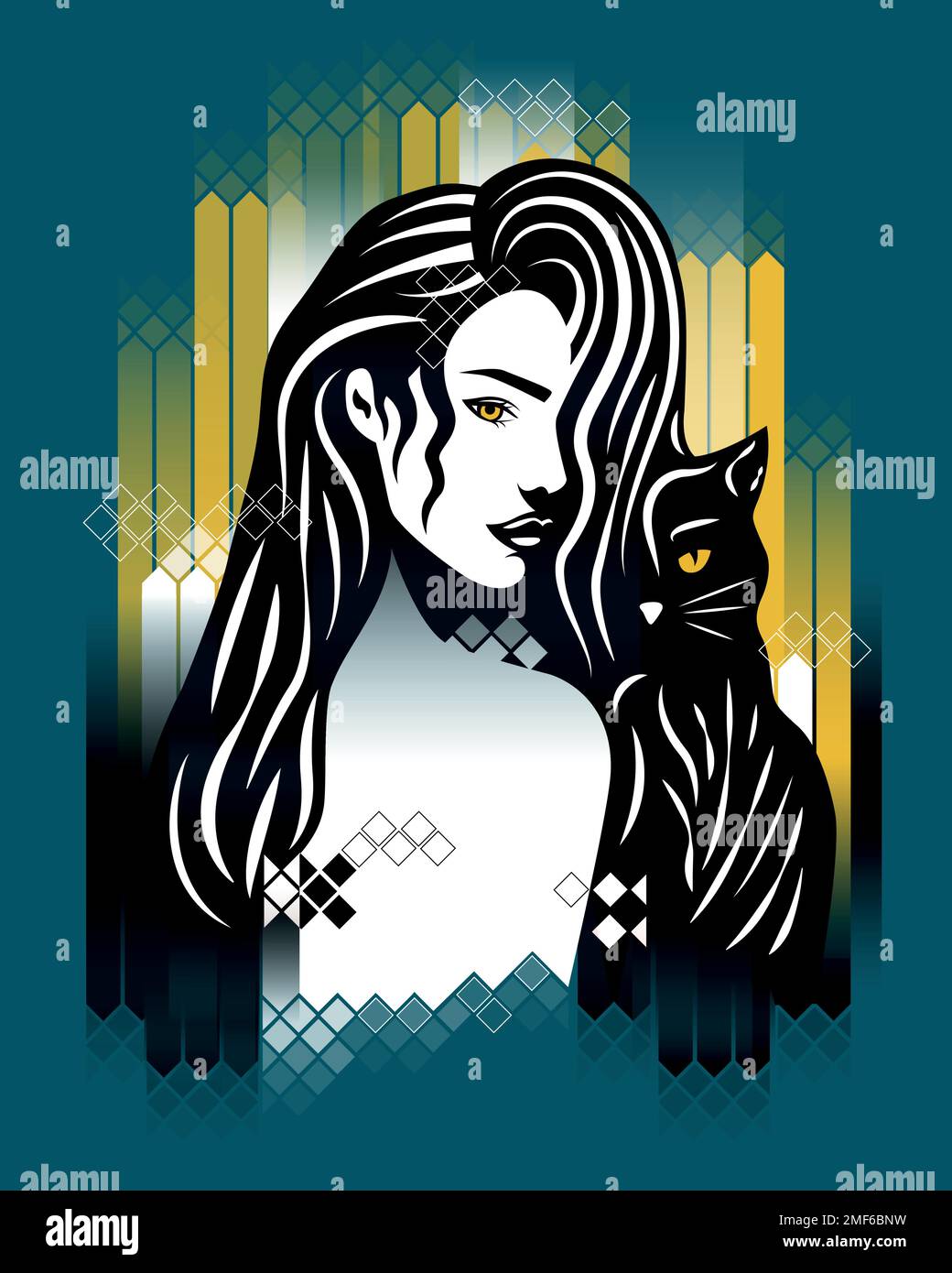 Stilvolle Illustration einer mystischen Frau mit schwarzer Katze. Frau in Profilkunst. Stock Vektor