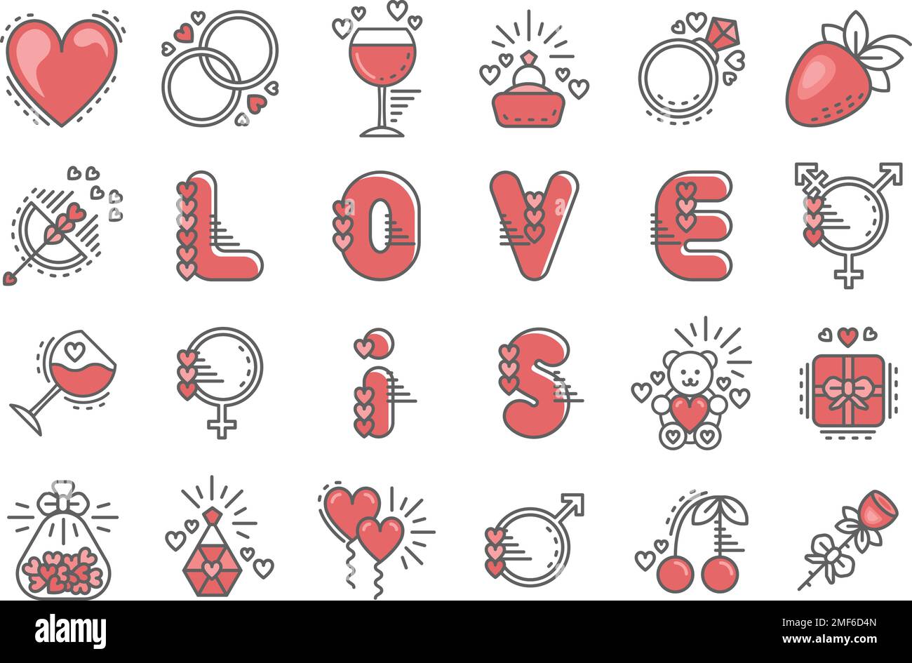 Liebessymbole gesetzt. Die Linie in Schwarz und Rot symbolisiert Hochzeiten, Verlobungen, Jubiläumsfeiern und vieles mehr. Stock Vektor
