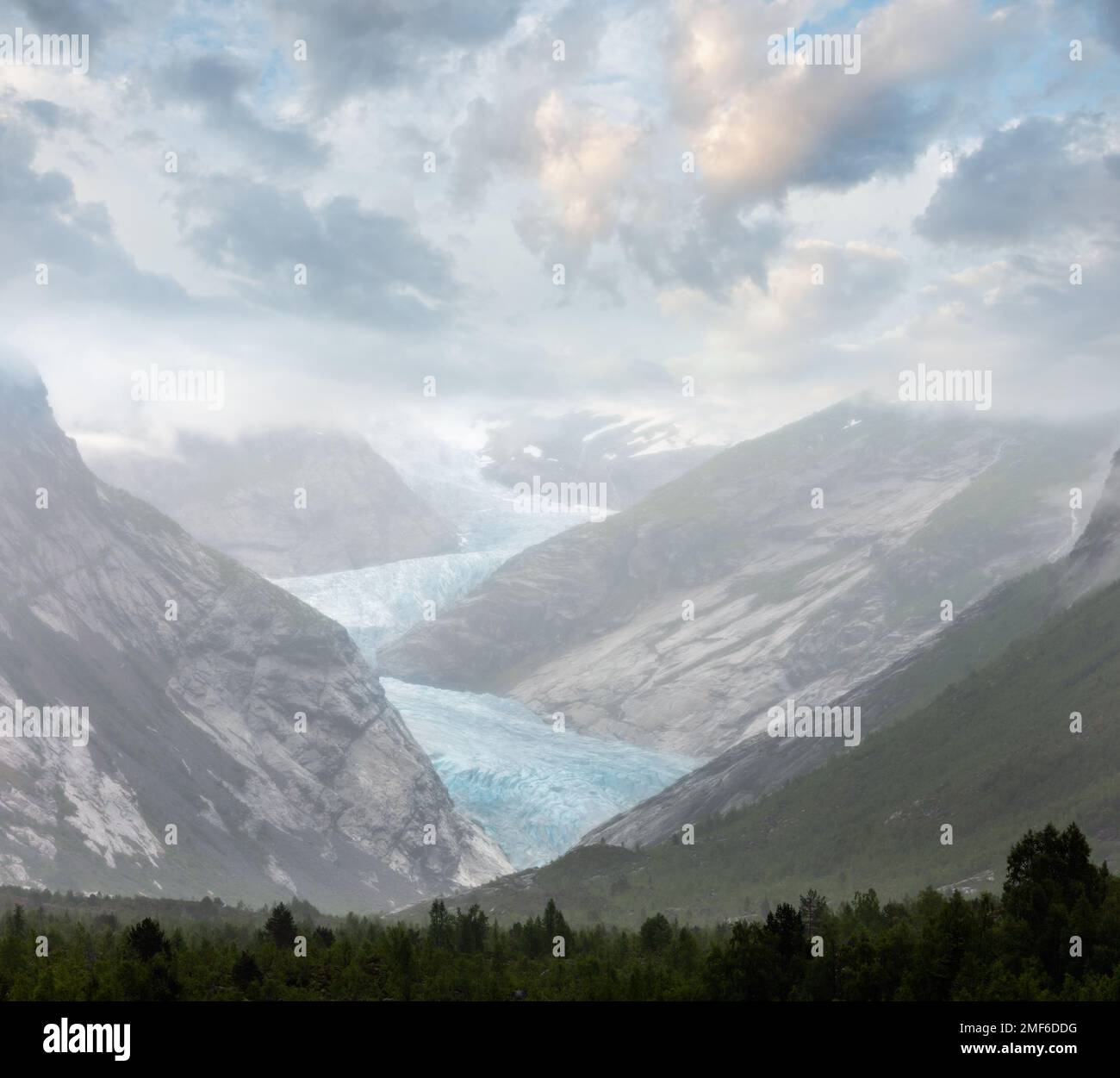 Sommer bedeckt, Nigardsbreen Gletscher Jostedalsbreen, Norwegen. Stockfoto