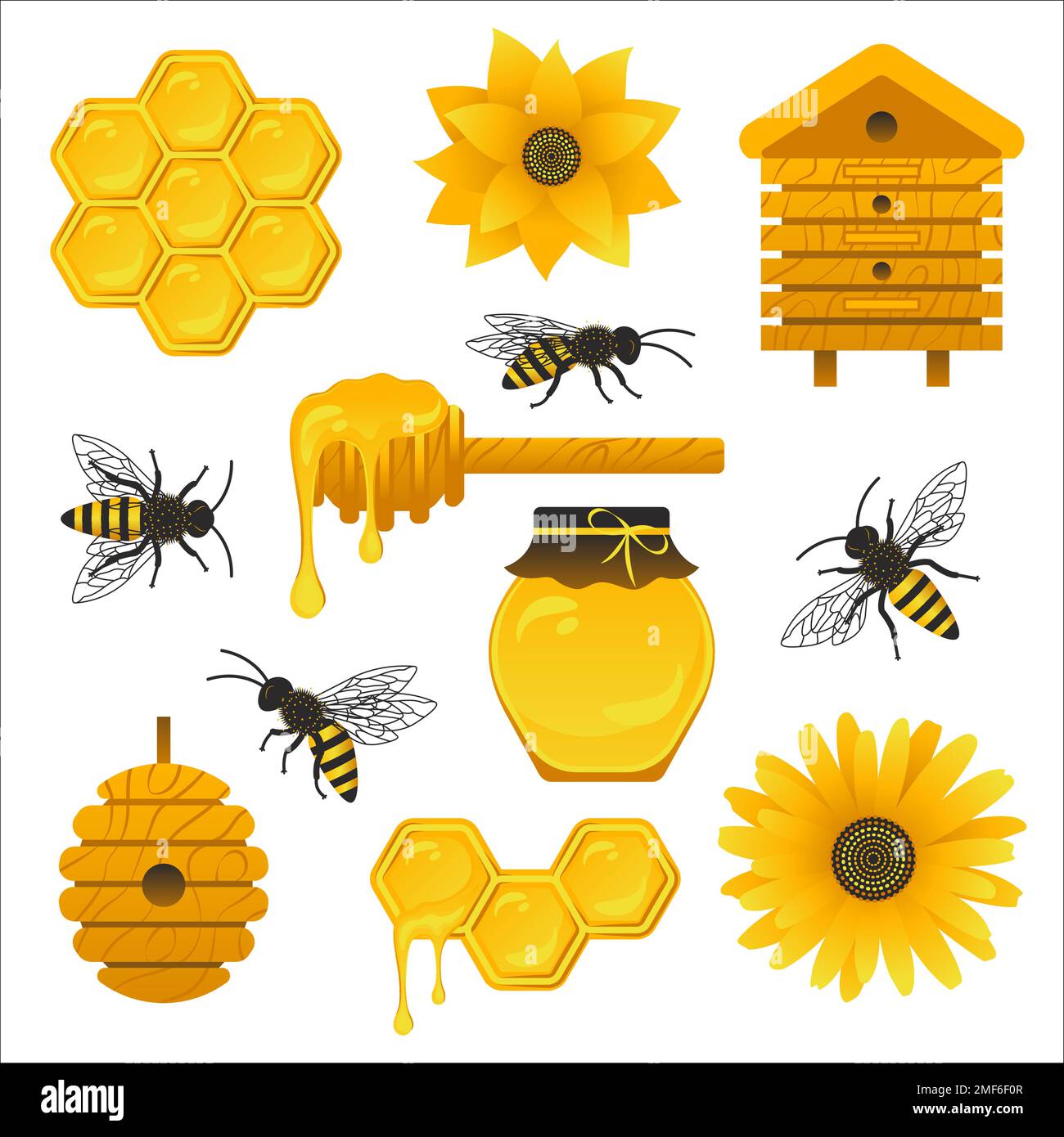 Honey Elements Kollektion. Bunte Symbole für die Bienenzucht. Bienen, Waben, Gläser mit Honig, Bienenstöcke, Honigstifter und Blumen, Element für Etikett, Bann Stock Vektor