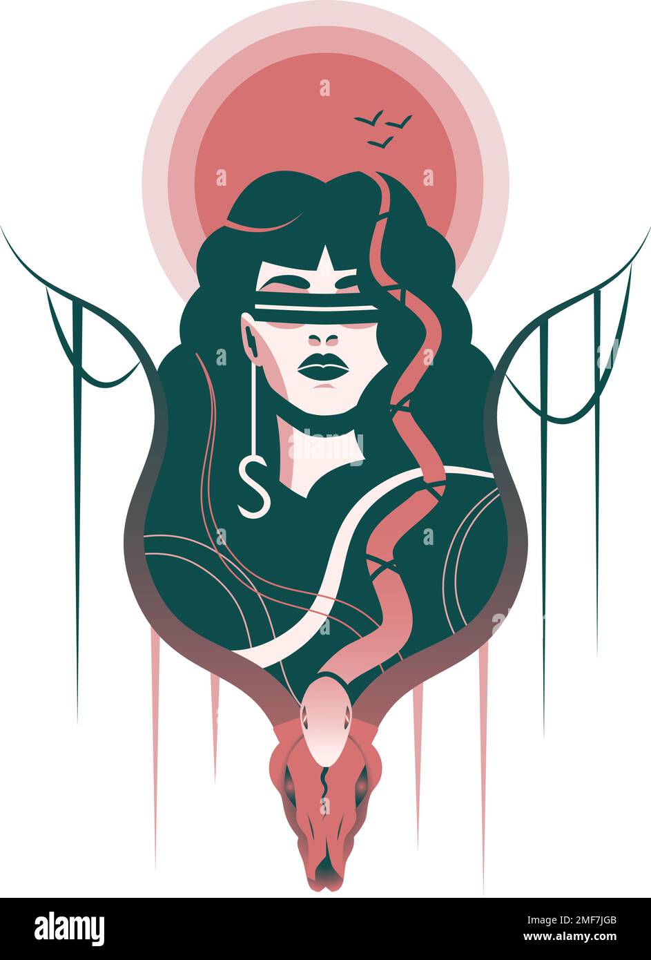 Stilisierte Illustration einer Frau mit Schlangen, eingerahmt von einem Tierschädel im Hintergrund der Sonne. Stock Vektor