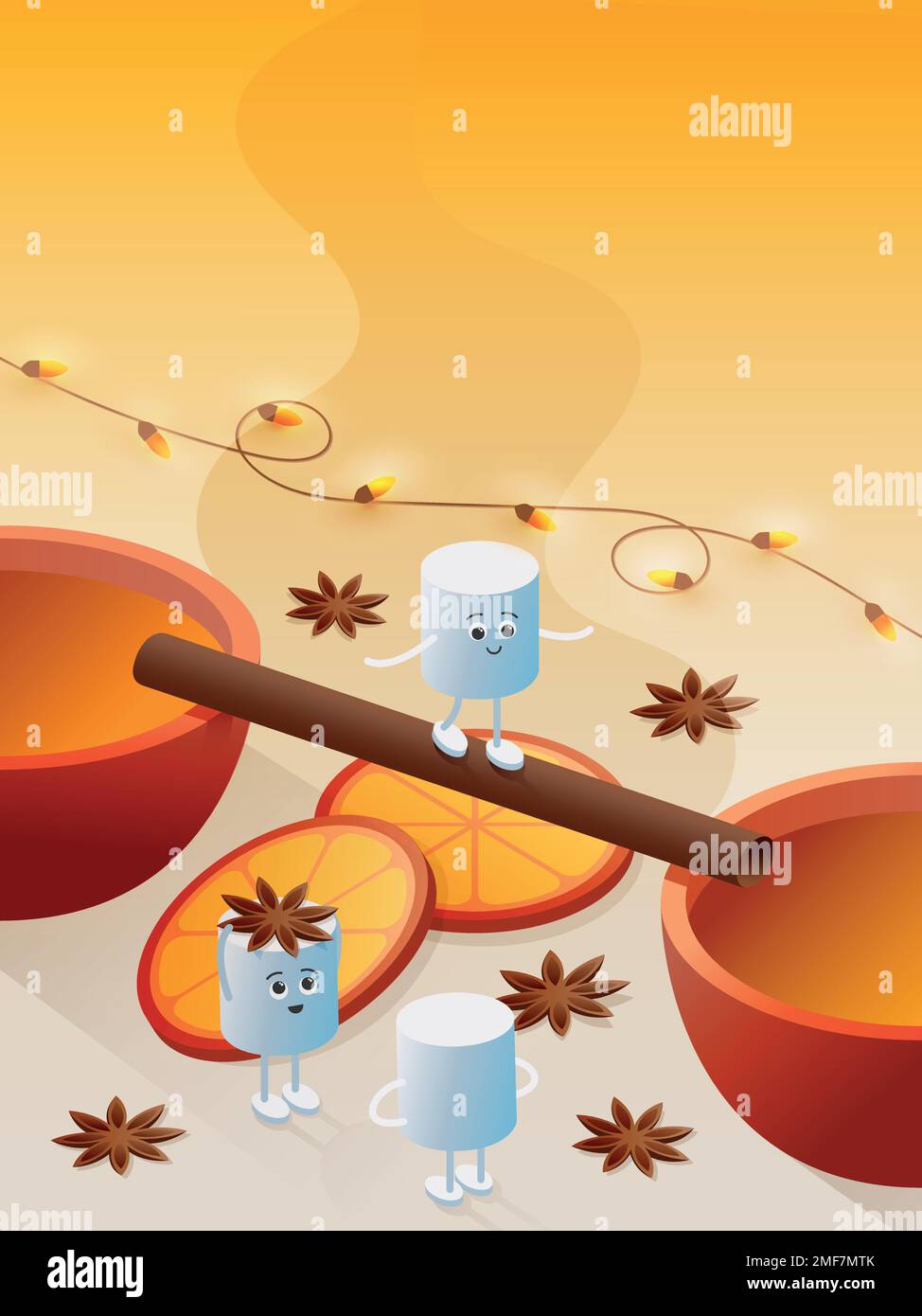 Lustiger Cartoon-Marshmallow mit Bechern Glühwein. Marshmallow mit Lichtern und Gewürzen. Stock Vektor