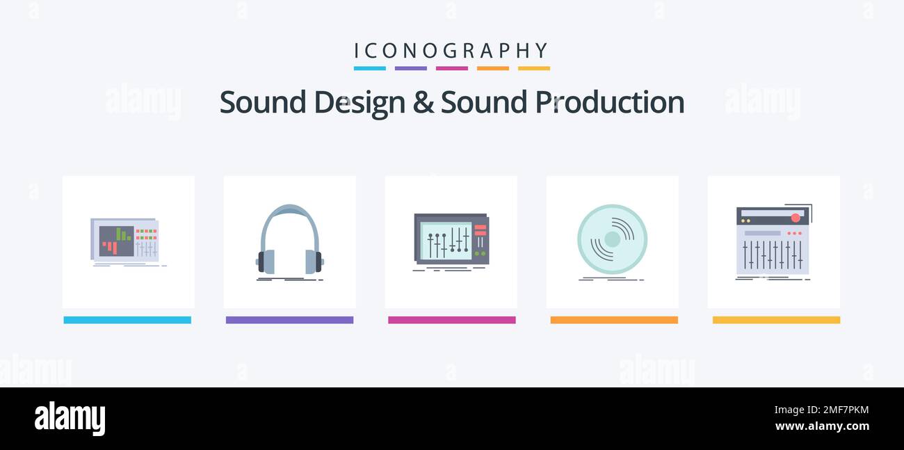 Sound Design und Sound Production Flat 5 Icon Pack mit Tonträger. Scheibe Überwachen. studio. Mischer. Kreatives Symboldesign Stock Vektor