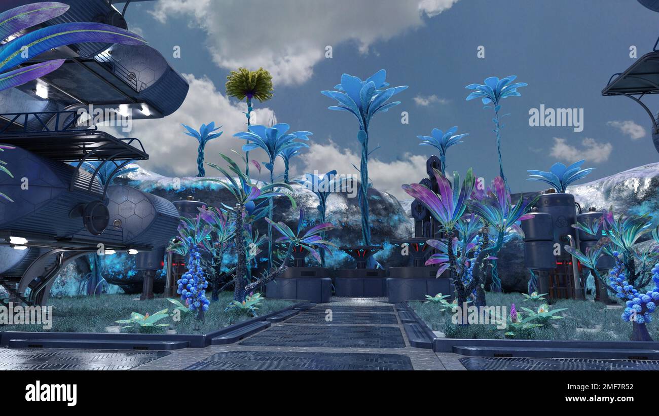 3D-Darstellung einer außerirdischen Stadt irgendwo im Universum Stockfoto