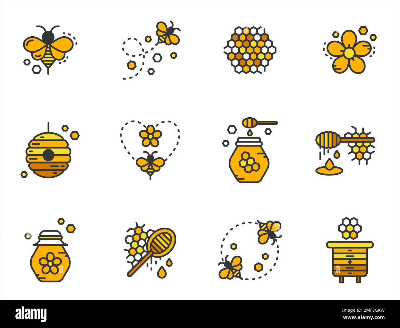 Honig-Symbole gesetzt. Bienen, Waben, Gläser mit Honig, Bienenstöcke, Honigdipper und Blumen für Website, Etikett, Banner, Muster und mehr. Stock Vektor