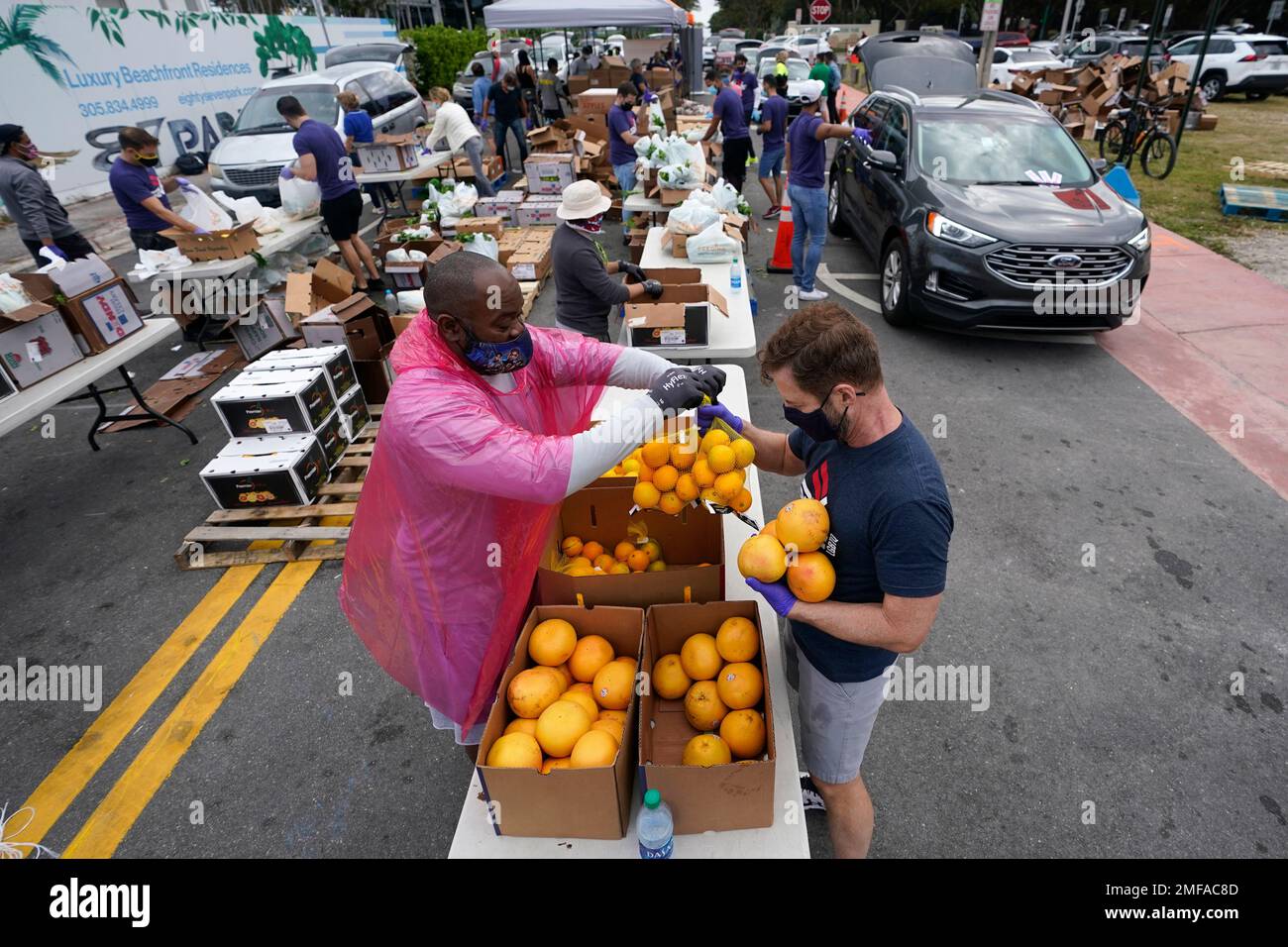 Eddie Johnson, left, a worker with the City of Miami Beach, Fla., and Eddy Trotter, a volunteer with Save.LGBT, gather fruit to load into cars at a food distribution site, Wednesday, Jan. 13, 2021, in Miami Beach, Fla. (AP Photo/Wilfredo Lee) Stockfoto