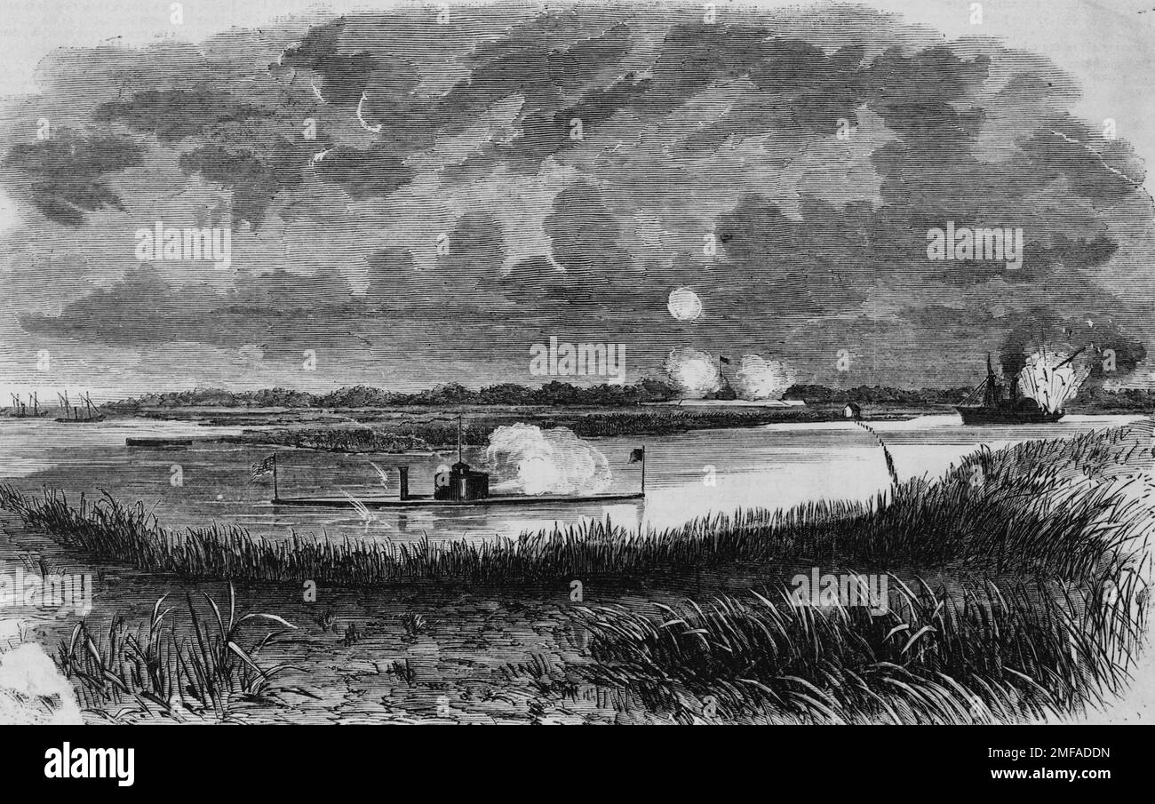 Die Zerstörung der Nashville durch den Ironclad Monitor Montauk im Amerikanischen Bürgerkrieg 1863 Stockfoto