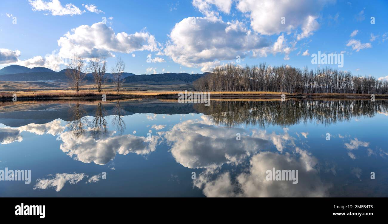 Herbstsee - ein Panoramablick vom späten Herbst auf den King Fisher Pond am südlichen Ende des Chatfield Reservoir, Chatfield State Park, Denver-Littleton, CO, USA. Stockfoto