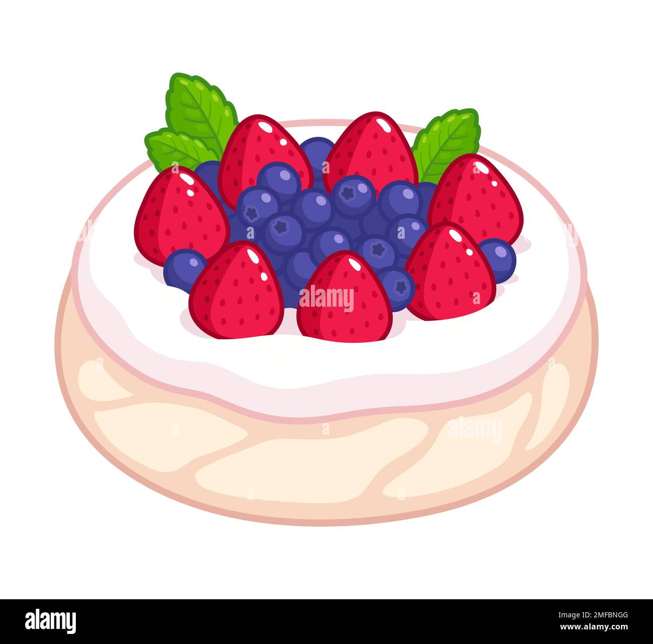 Pavlova, Baiser-Dessert mit Schlagsahne, frischen Erdbeeren und Brombeeren. Traditionelles australisches Gebäck. Von Hand gezeichnete Vektor-Clipgrafien, illustriert Stock Vektor