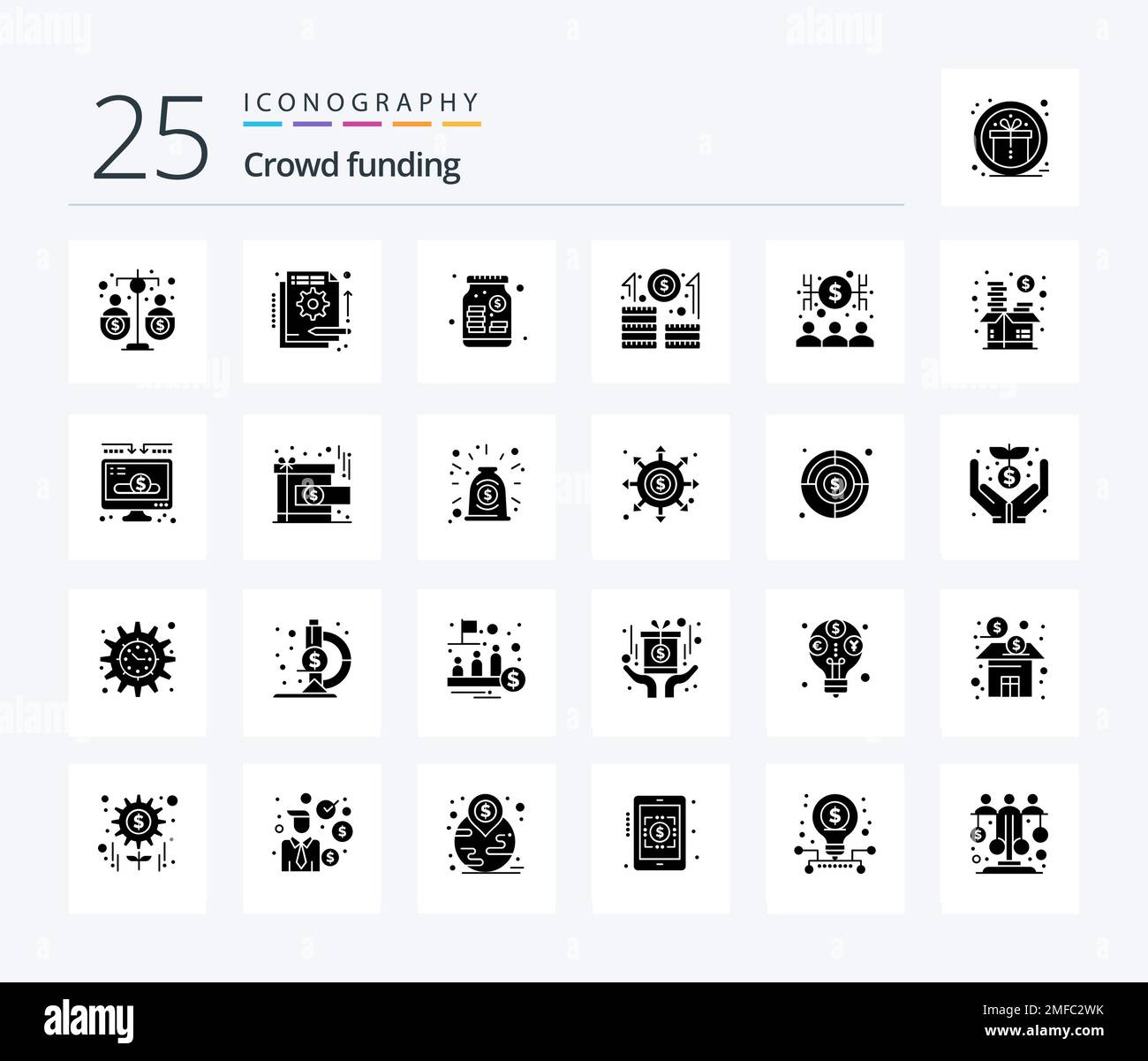 Crowdfunding 25 Solid Glyph Icon Pack inklusive Start-up. Karriere. In. Geschäftlich. Unternehmen Stock Vektor
