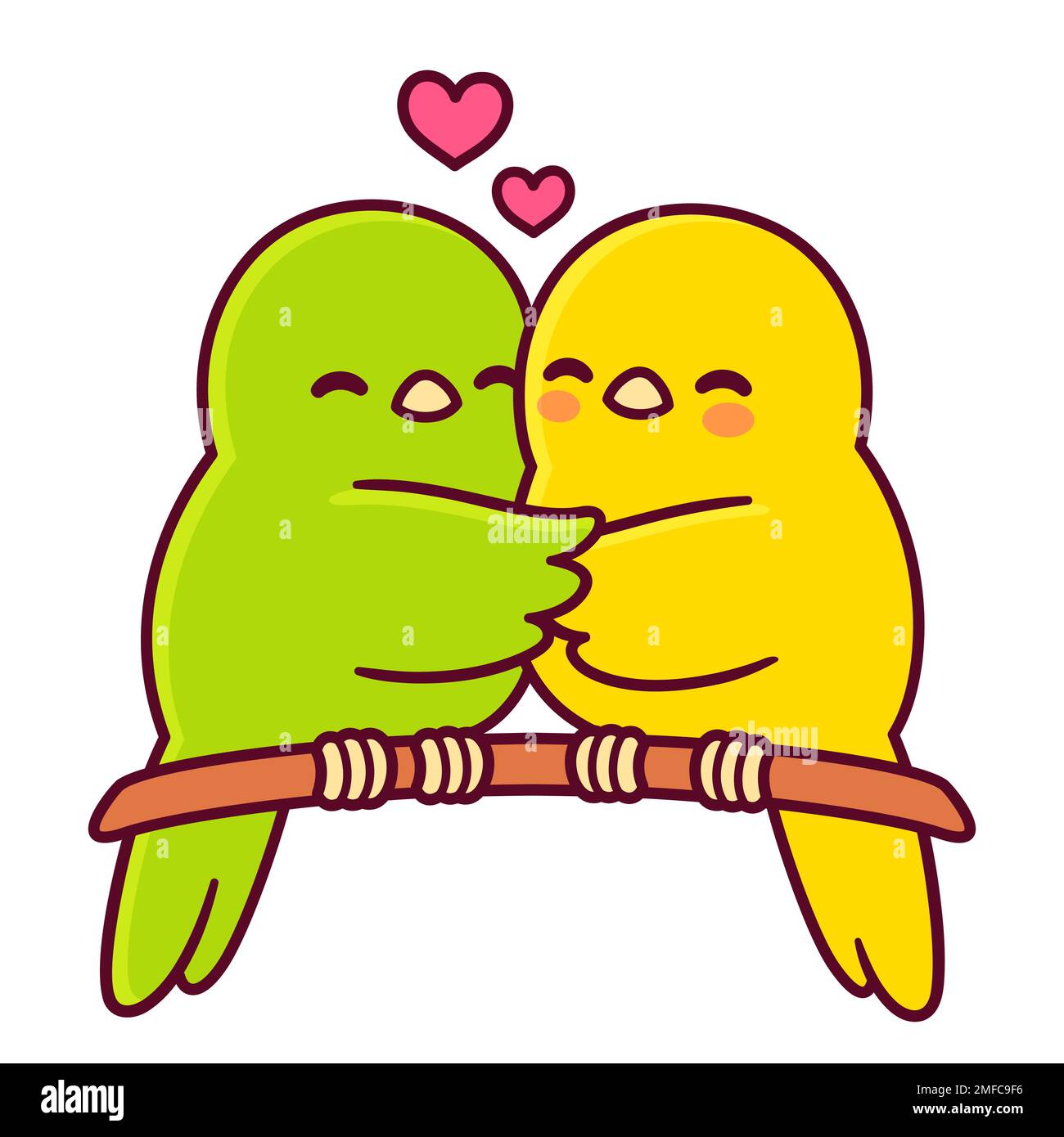 Süße Cartoonvögel, die sich umarmen. Grün-gelbes Vogelpaar verliebt. Vektordarstellung der Valentinsgrußkarte. Stock Vektor