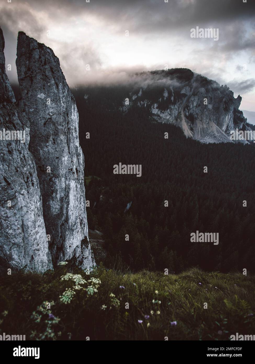 Berglandschaft mit Wolken am Himmel, Hasmas-Berge, Rumänien. Sonnenaufgangsszene. Stockfoto