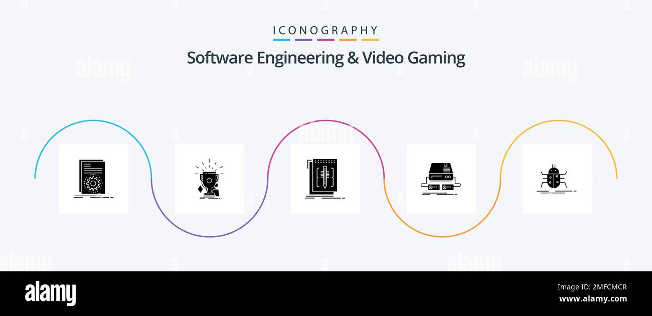 Software Engineering und Video Gaming Glyph 5 Icon Pack einschließlich Gaming. Konsole. Trophäen. Programm. Redakteur Stock Vektor