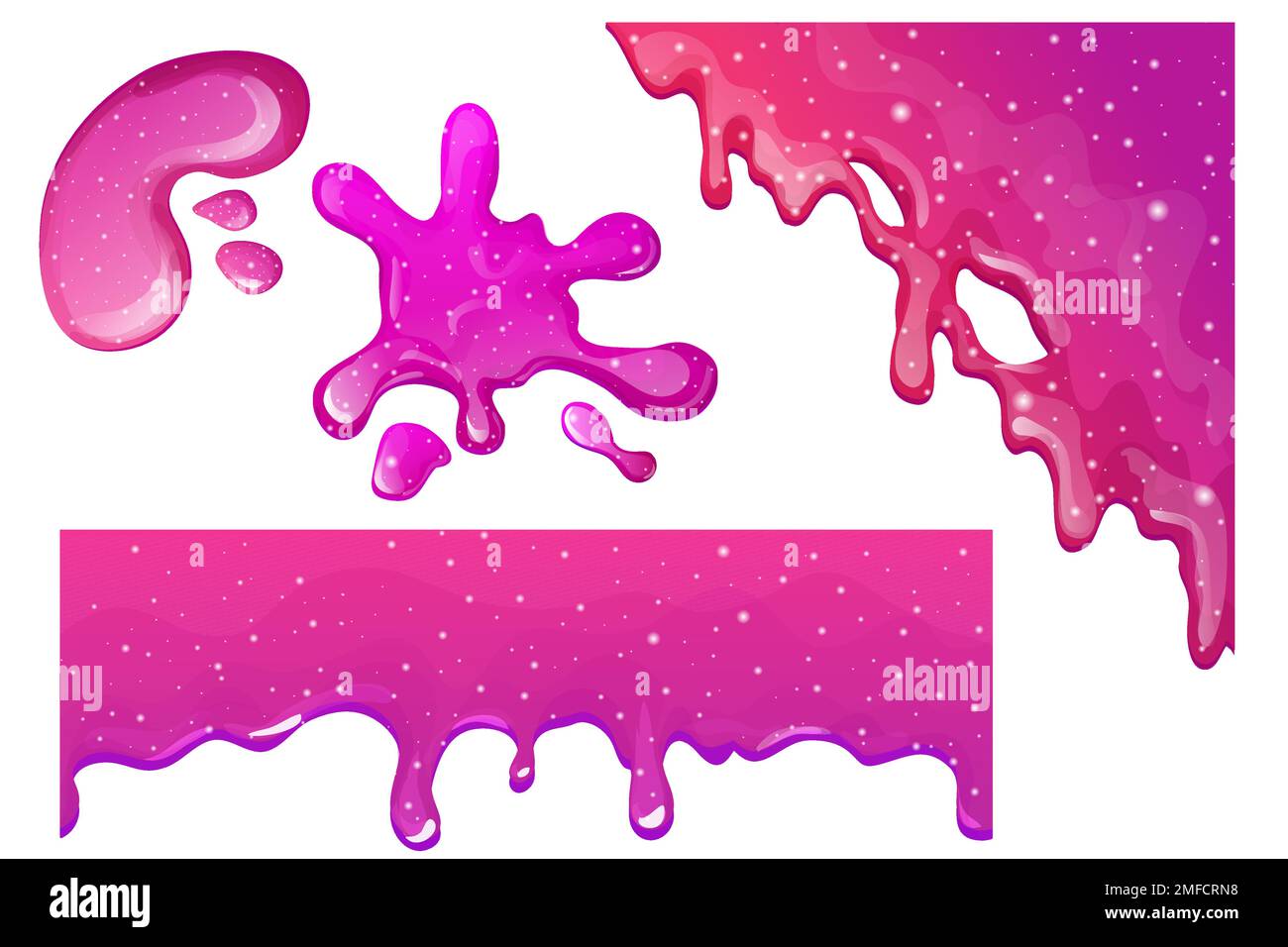 Isolieren Sie Slime Purple und Pink, Jelly Glaze mit Tropfen und Glitzer im Cartoon-Stil nahtlos auf weißem Hintergrund. Vektordarstellung Stock Vektor