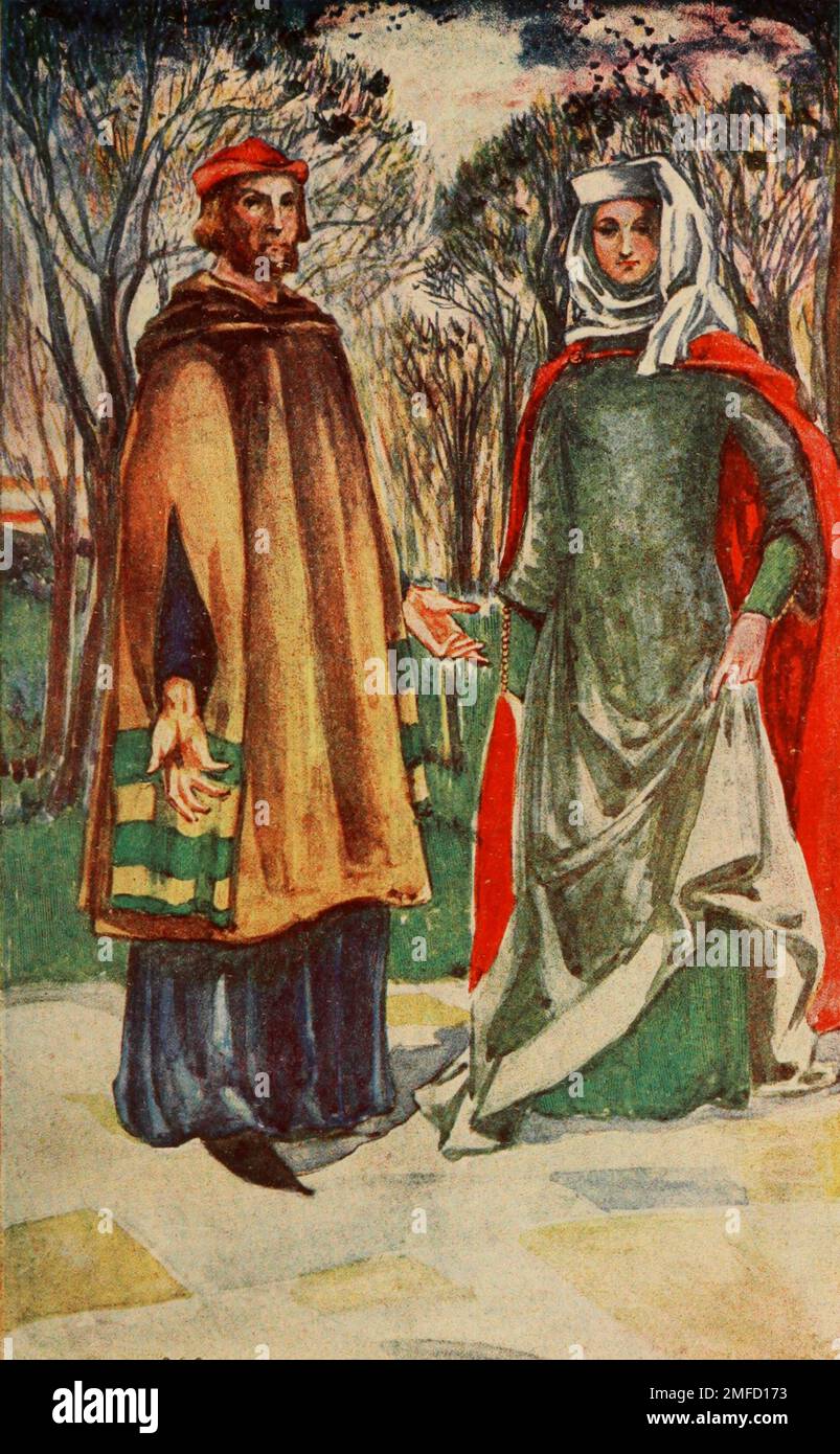 Ein Mann und eine Frau aus der Zeit von Edward I (1272— 1307) die Ärmel des Männermantels, durch die er seine Arme gestoßen hat, sind vollständige Ärmel, die auf die übliche Art getragen werden können, aber zu lang sind, um bequem zu sein ; Daher die Eröffnung aus dem Buch " English Costume " von Dion Clayton Calthrop, 1878-1937 Publikationsdatum 1907 Publisher London, A. & C. Black Stockfoto