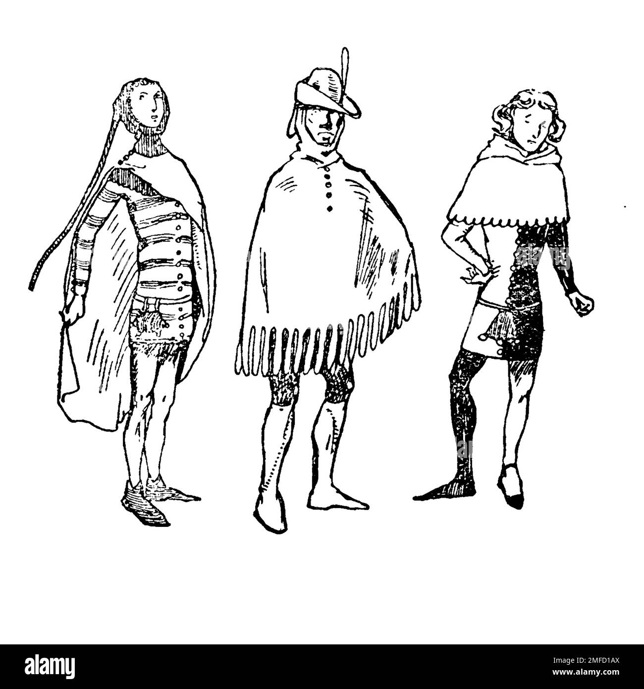 Herrenkostüme der Zeit von Edward II (1307 - 1327) aus dem Buch " English Costume " von Dion Clayton Calthrop, 1878-1937 Publikationsdatum 1907 Publisher London, A. & C. Black Stockfoto