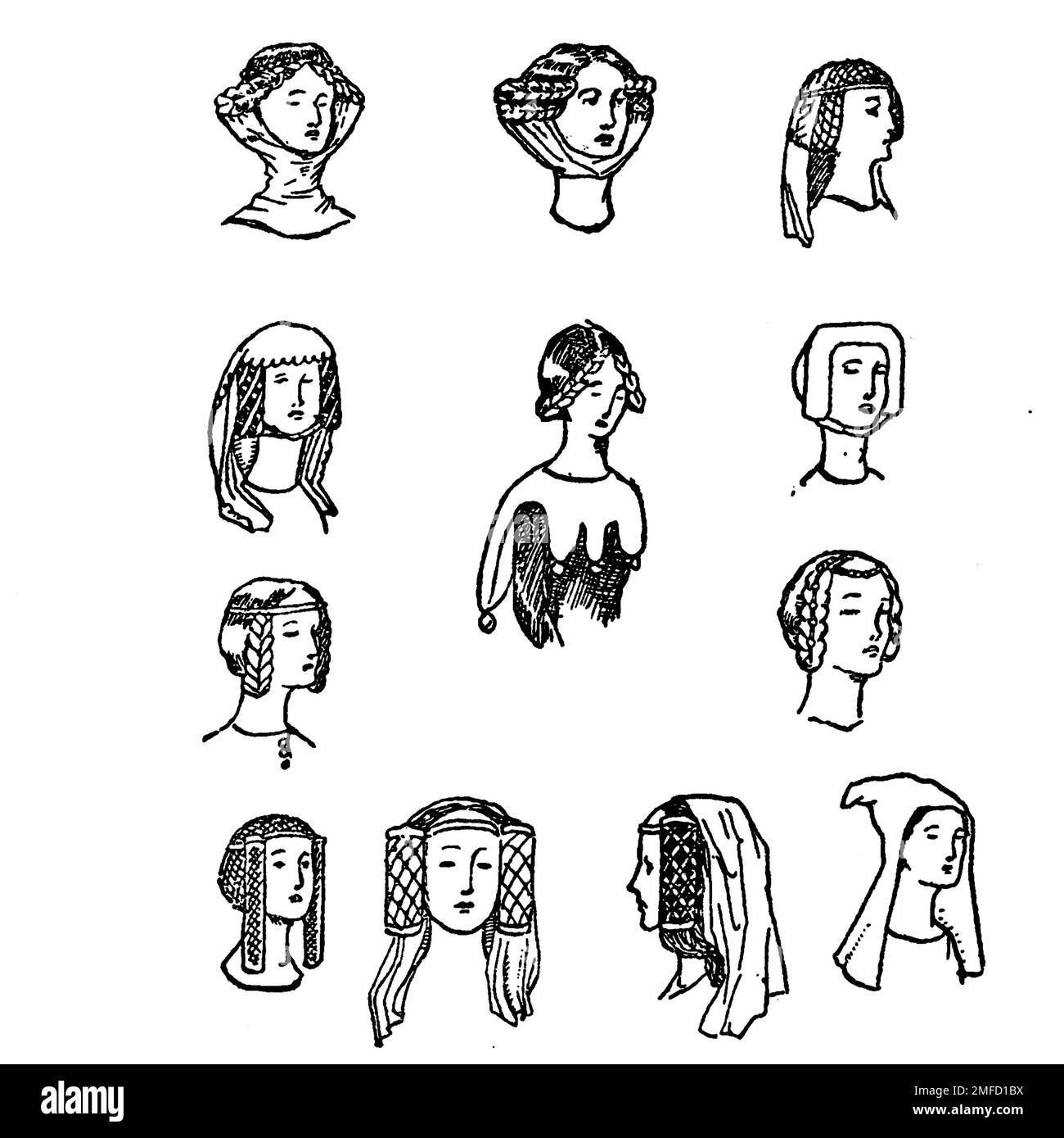 Strichzeichnung von Frauen-Kopfschmuck des 14. Jahrhunderts aus dem Buch " English Costume " von Dion Clayton Calthrop, 1878-1937 Publikationsdatum 1907 Publisher London, A. & C. Black Stockfoto