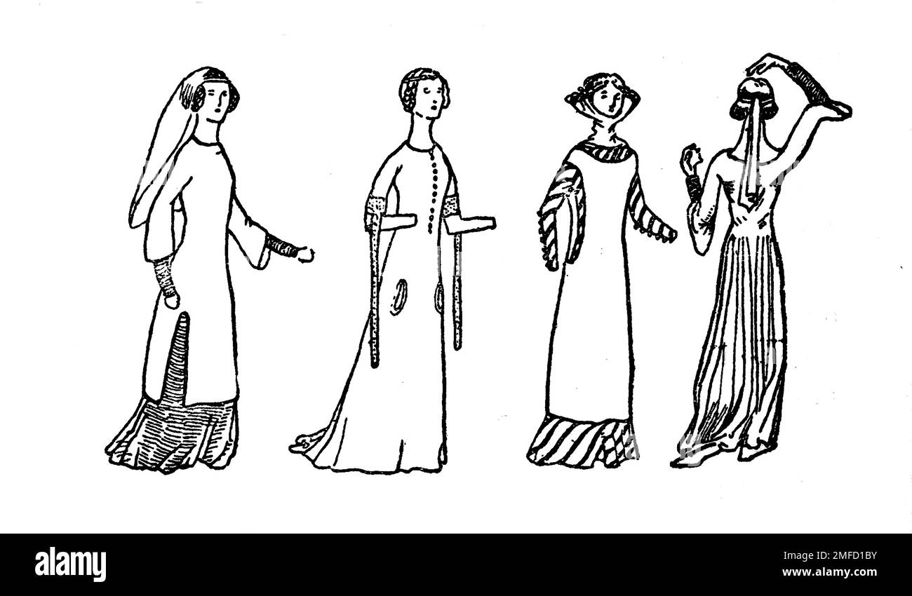 Strichzeichnung von Frauenkleidern des 14. Jahrhunderts aus dem Buch " English Costume " von Dion Clayton Calthrop, 1878-1937 Publikationsdatum 1907 Publisher London, A. & C. Black Stockfoto
