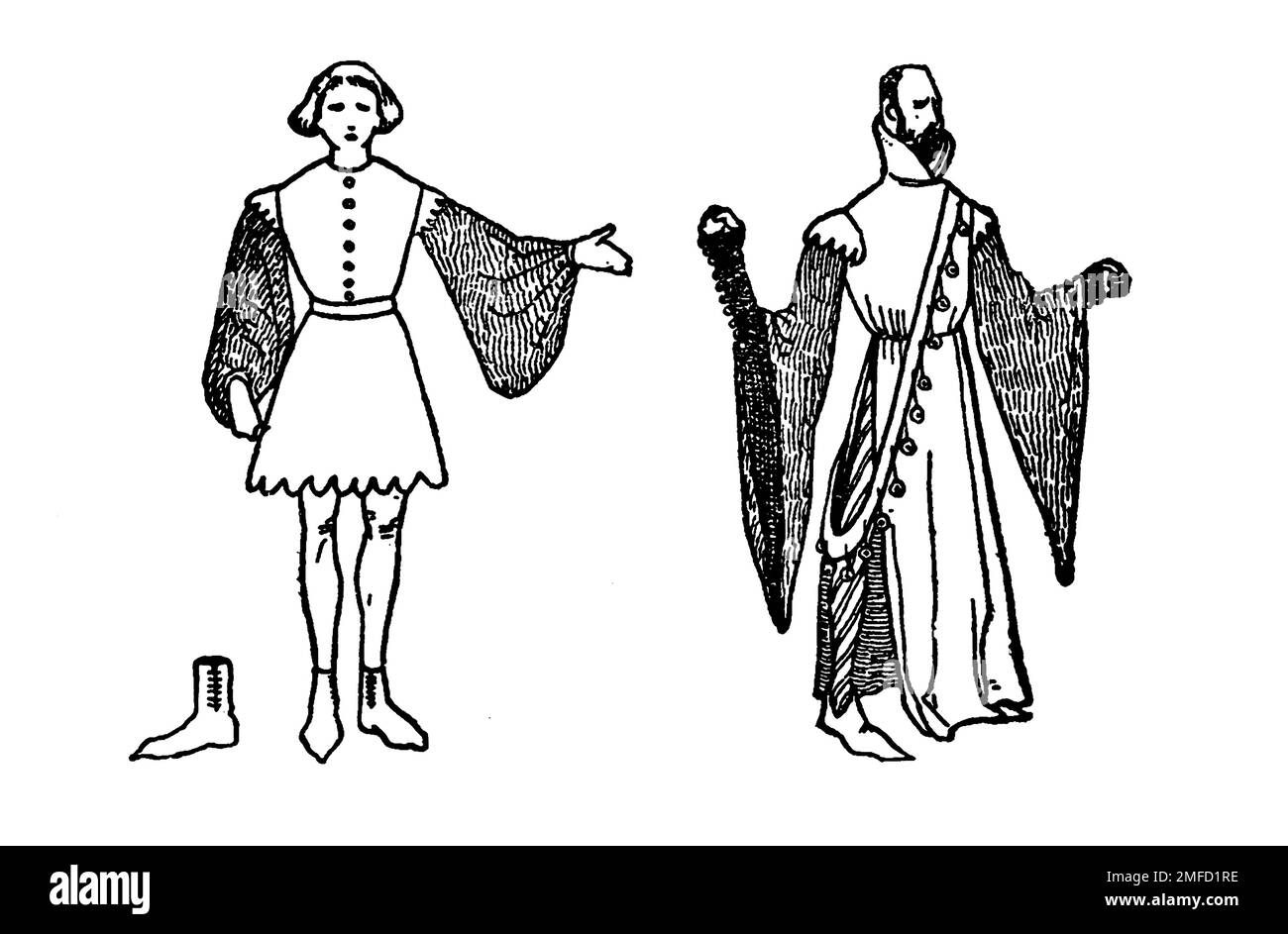 Strichzeichnung von Herrenkostümen im 15. Jahrhundert aus dem Buch " English Costume " von Dion Clayton Calthrop, 1878-1937 Publikationsdatum 1907 Publisher London, A. & C. Black Stockfoto