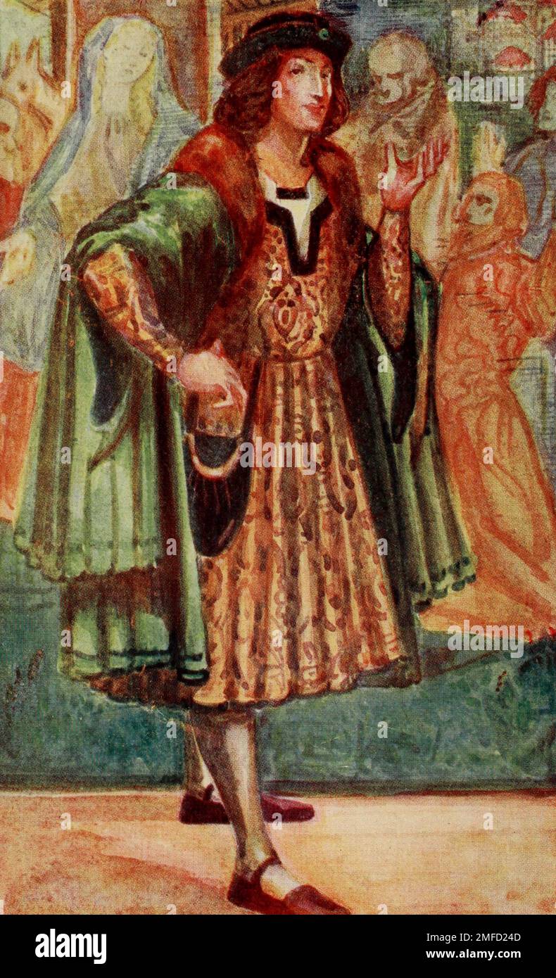 Ein Mann der Zeit von Richard III (1483 - 1485) Hier sieht man den ersten der breiten Schuhe und die Geburt des Tudor-Kostüms - Die plissierten Röcke und das prominente weiße Hemd aus dem Buch " English Costume " von Dion Clayton Calthrop, 1878-1937 Publikationsdatum 1907 Publisher London, A. & C. Black Stockfoto