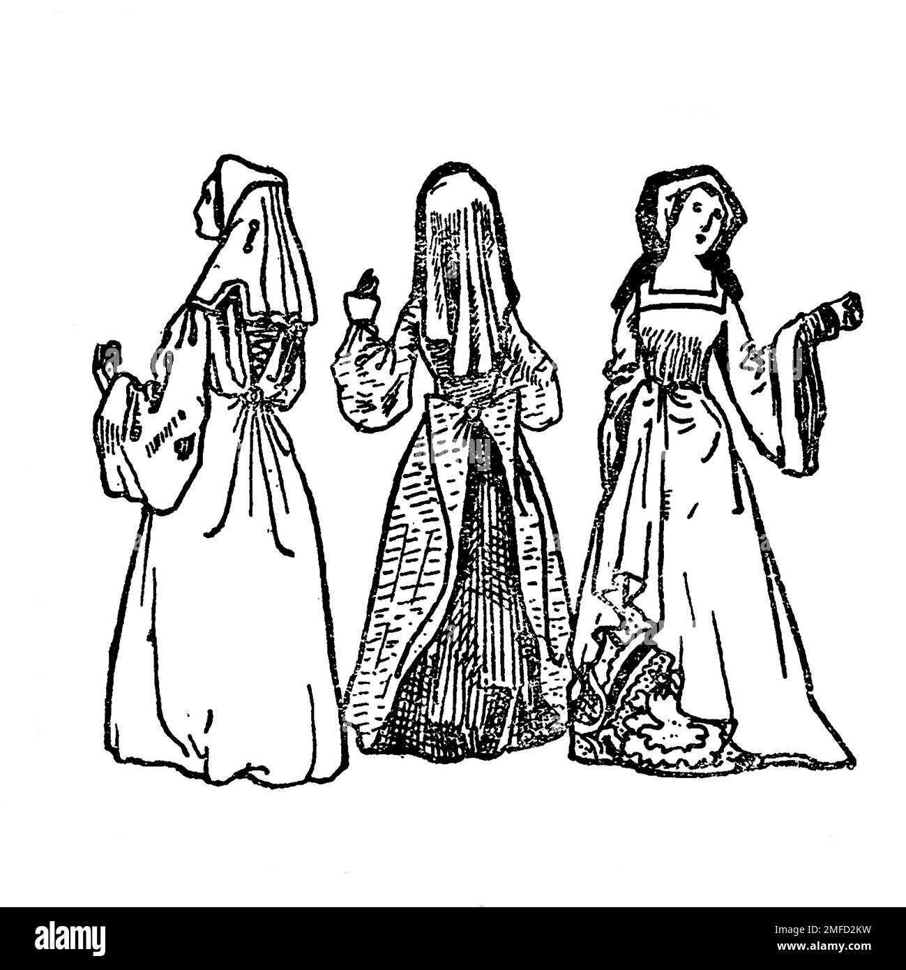 Strichzeichnung von Damenkleidern aus dem 15. Jahrhundert aus dem Buch " English Costume " von Dion Clayton Calthrop, 1878-1937 Publikationsdatum 1907 Publisher London, A. & C. Black Stockfoto