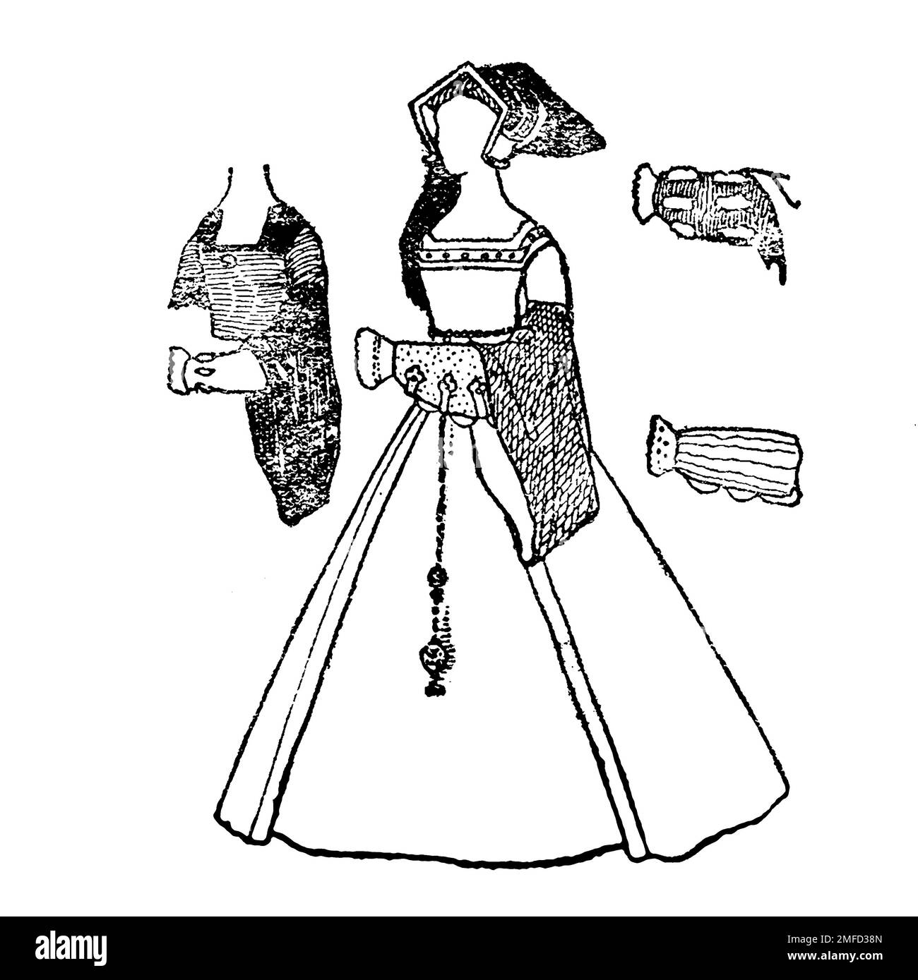 Strichzeichnung des Frauenkleides während der Herrschaft Heinrich VIII aus dem Buch " English Costume " von Dion Clayton Calthrop, 1878-1937 Publikationsdatum 1907 Publisher London, A. & C. Black Stockfoto