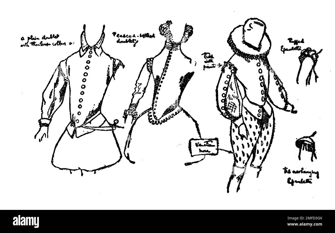 Strichzeichnung von Frauenkostümen während der Herrschaft von Königin Elizabeth aus dem Buch " English Costume " von Dion Clayton Calthrop, 1878-1937 Publikationsdatum 1907 Publisher London, A. & C. Black Stockfoto