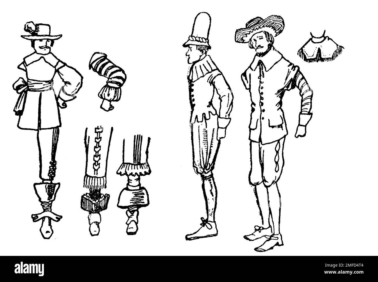 Strichzeichnung der kromwellianischen Mode aus dem Buch " English Costume " von Dion Clayton Calthrop, 1878-1937 Publikationsdatum 1907 Publisher London, A. & C. Black Stockfoto
