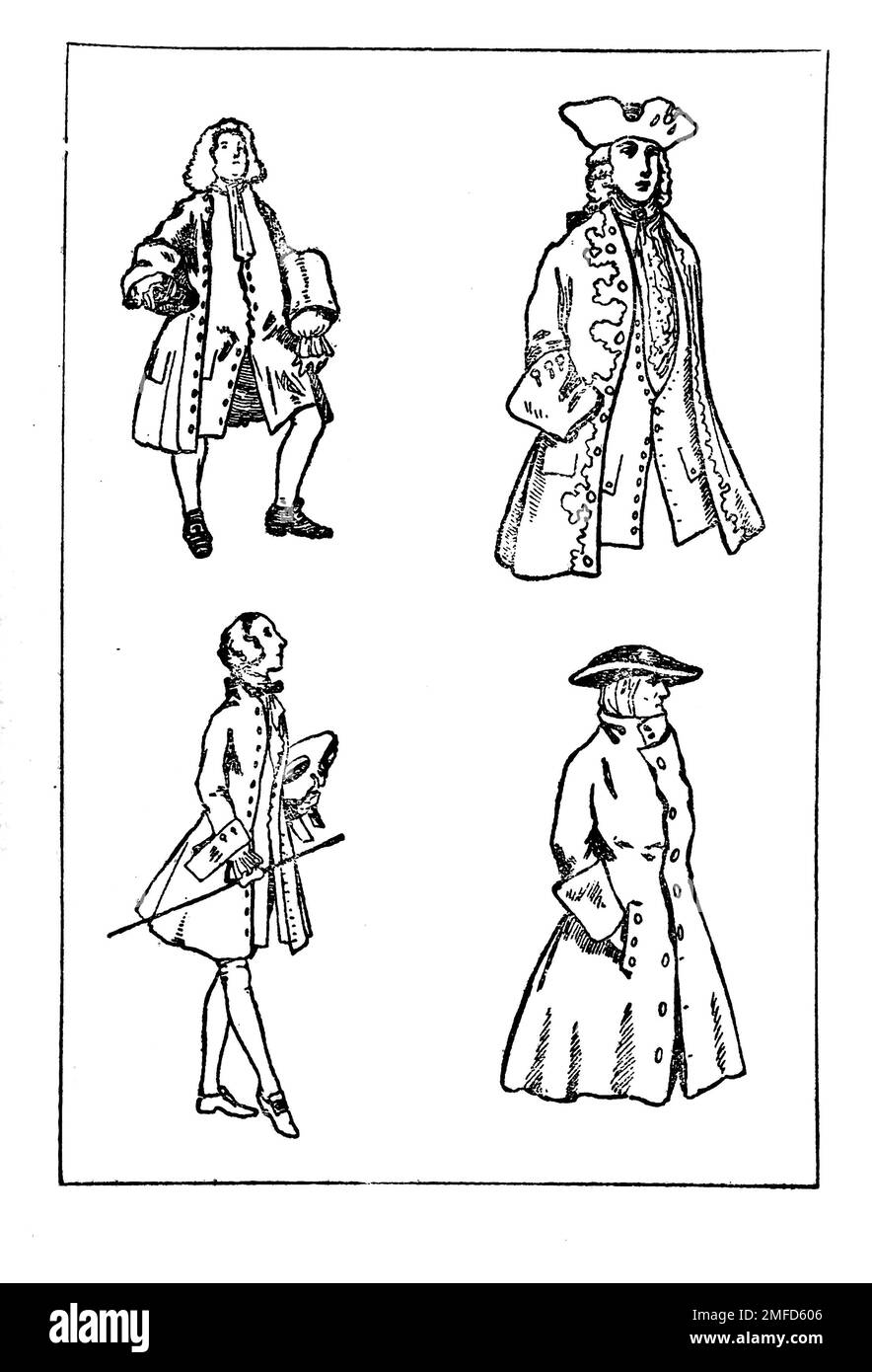 Strichzeichnung von Herrenbekleidung während der Herrschaft von George II aus dem Buch " English Costume " von Dion Clayton Calthrop, 1878-1937 Publikationsdatum 1907 Publisher London, A. & C. Black Stockfoto