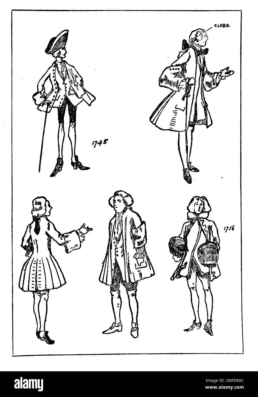 Strichzeichnung von Herrenbekleidung während der Herrschaft von George II aus dem Buch " English Costume " von Dion Clayton Calthrop, 1878-1937 Publikationsdatum 1907 Publisher London, A. & C. Black Stockfoto
