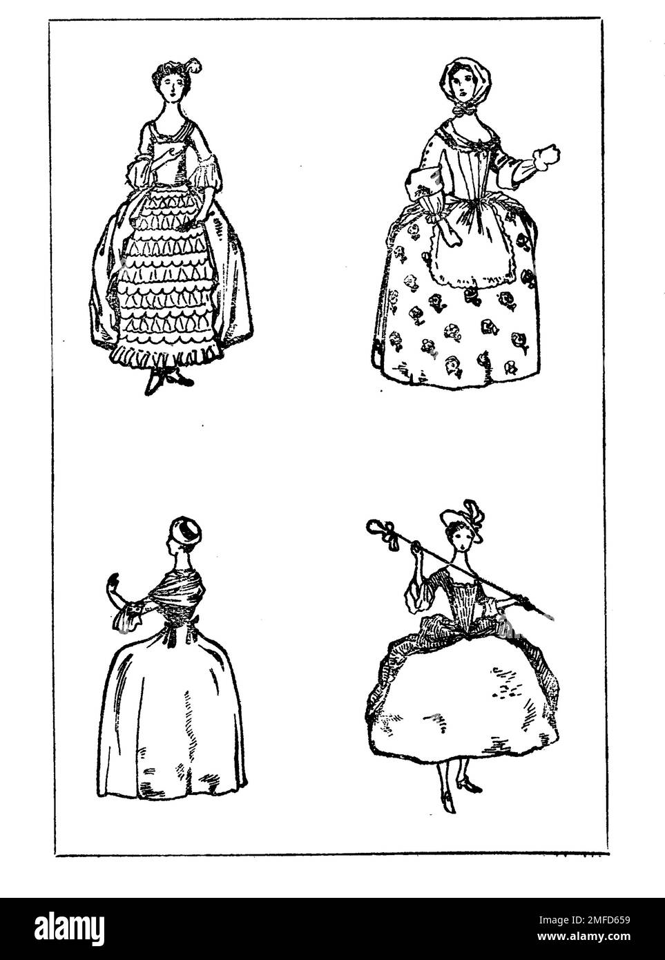 Strichzeichnung von Damenbekleidung während der Herrschaft George II aus dem Buch " English Costume " von Dion Clayton Calthrop, 1878-1937 Publikationsdatum 1907 Publisher London, A. & C. Black Stockfoto