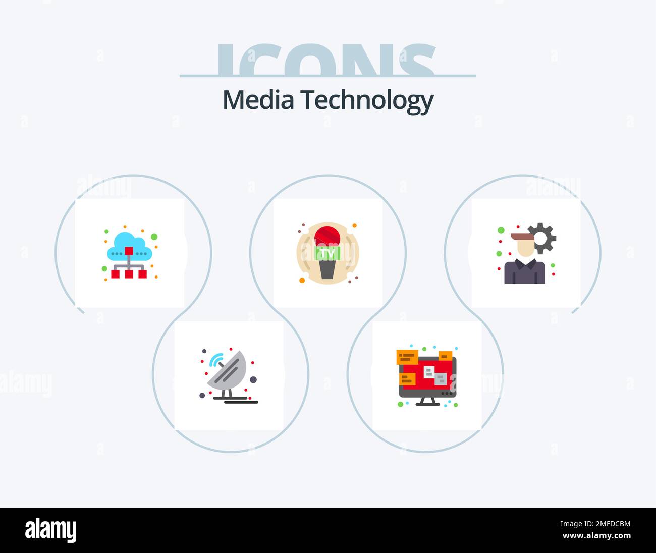 Media Technology Flat Icon Pack 5 Icon Design. nachrichten. Journalistin. Überwachen. Gerät. Datenverkehr Stock Vektor