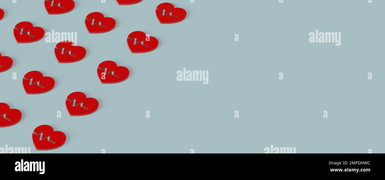 Valentinstag- und Liebeskonzept. 3D gerenderte Herzsymbole auf blauem Hintergrund mit Beschneidungspfad. Großer Kopierbereich. Stockfoto