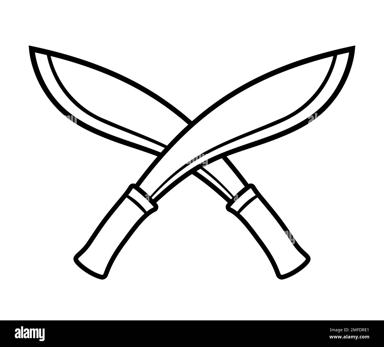 Zwei gekreuzte Kukenmesser. Traditionelle nepalesische Machetenwaffe. Schwarz-weiße Strichgrafik-Logo, Vektorgrafik-Illustration. Stock Vektor