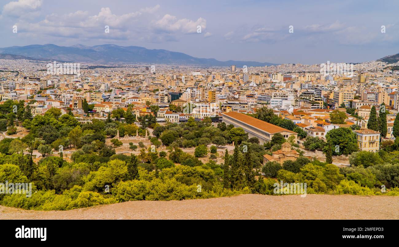 Panoramablick aus der Vogelperspektive auf Athen, Griechenland Stockfoto