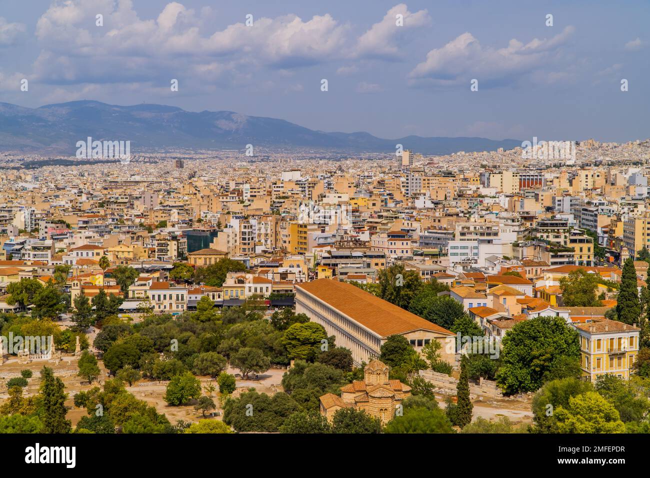Panoramablick aus der Vogelperspektive auf Athen, Griechenland Stockfoto