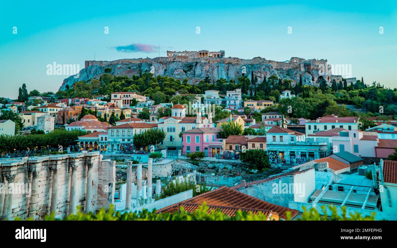 Panoramablick aus der Vogelperspektive auf Athen, Griechenland Stockfoto