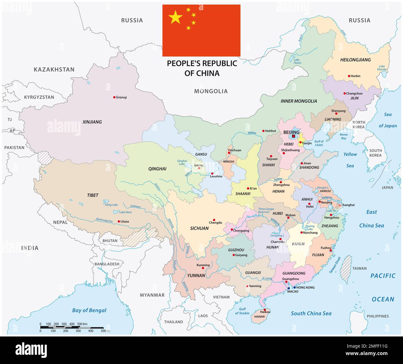 Farbkarte der Verwaltungseinheiten Chinas mit Flagge Stockfoto