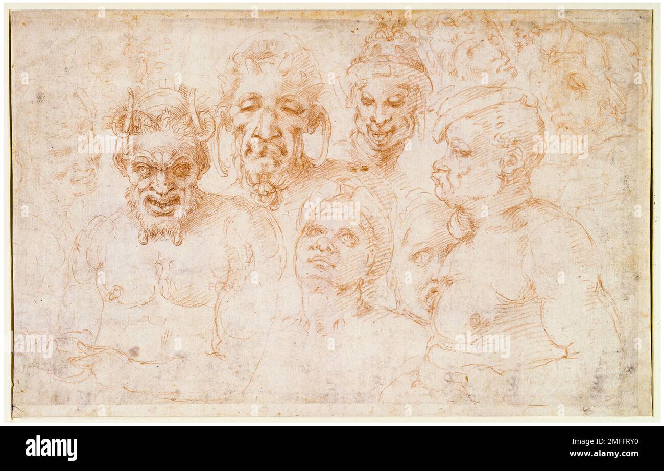 Michelangelo Buonarroti und Werkstatt, groteske Köpfe und weitere Studien, Zeichnen in roter Kreide auf geripptem Papier, um 1525 Stockfoto