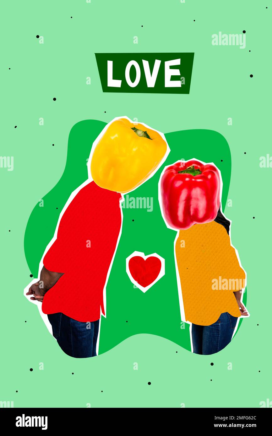 Collage-Fotobanner eines Mannes mit Ehefrau zusammen Kopf Bio-Pfeffer frisches Gemüse Liebesgeschichte Vegetarier isoliert auf grünem Hintergrund Stockfoto