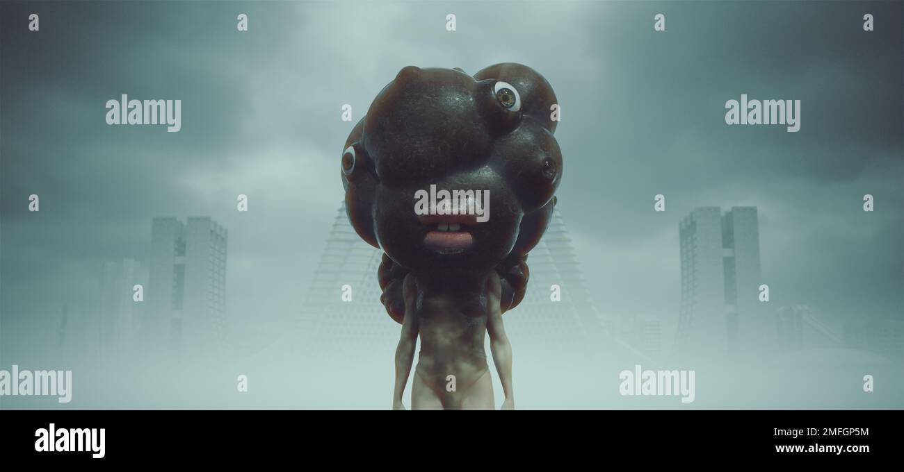Woman Paranormal Dämonen Blob mit Riesenaugen geistige Kontrolle Alien Body Snatcher Post apokalyptisches Monster 3D-Bild-Rendering Stockfoto