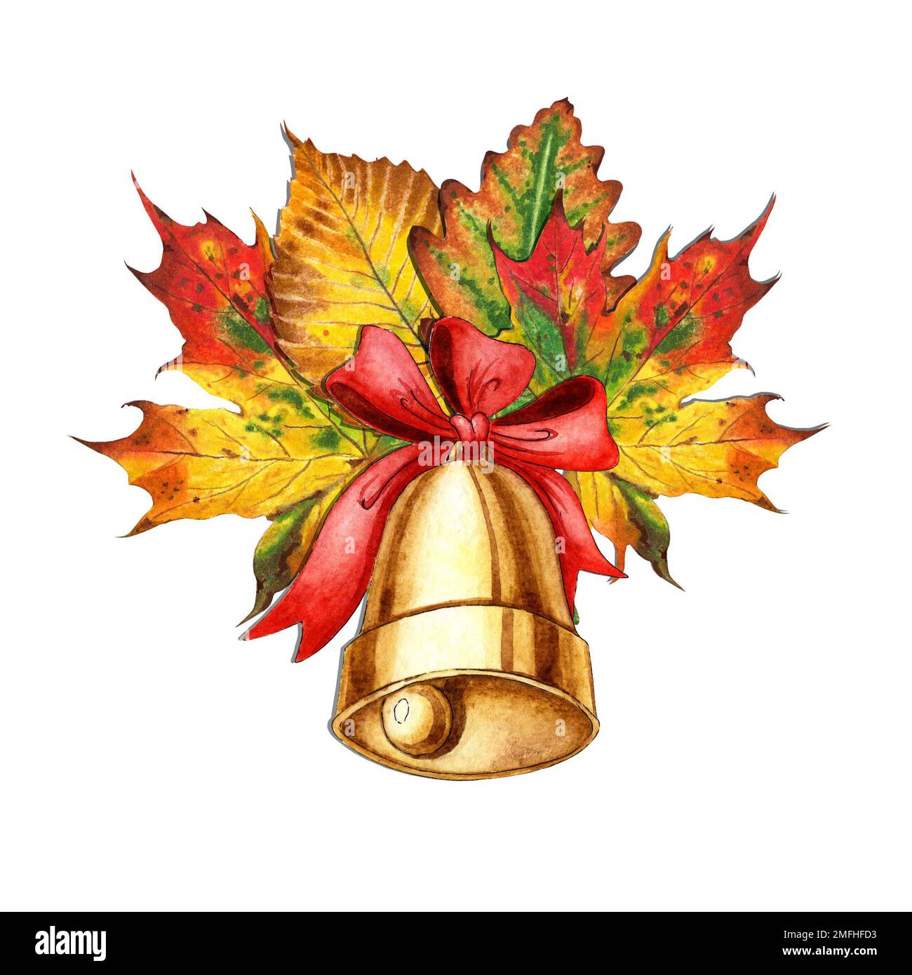 Aquarelle goldene Metallglocke mit roter Schleife und Herbstblättern auf weißem Hintergrund. Schulglocke, alte Glocke. Zurück in die Schule, das Event ist der Anfang Stockfoto