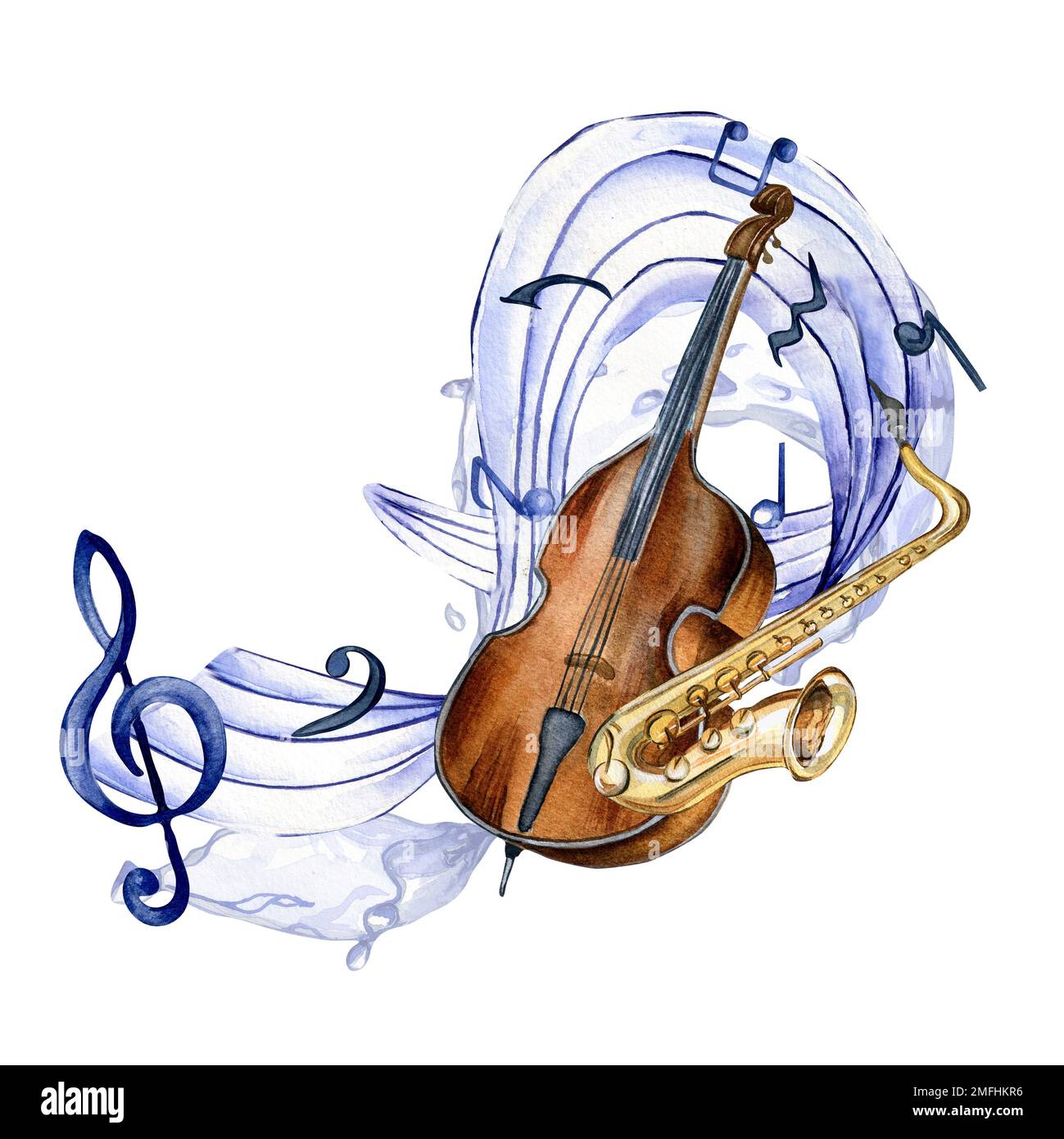Höhenknoten, musikalische Noten und kontrastierende Aquarelle auf Weiß. Doppelter Bass, Saxofon-Musikinstrument, handgezeichnet. Design für Party, CO Stockfoto