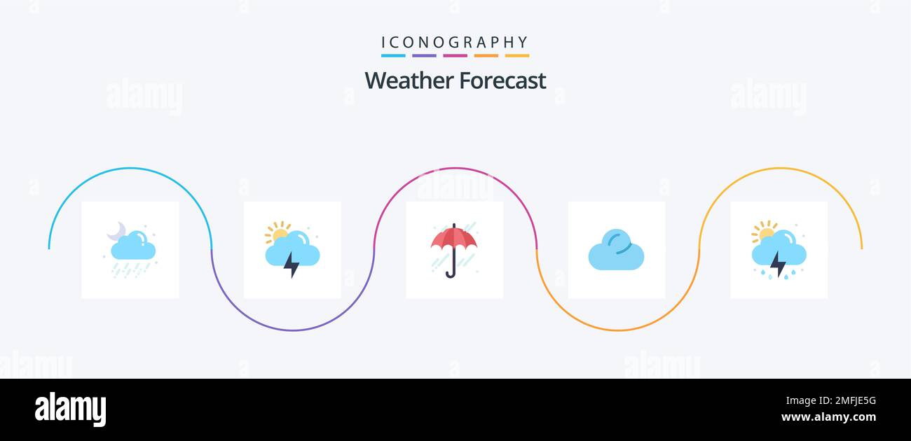Weather Flat 5 Icon Pack Mit . Sonne. Wetter. Regen. Bedeckt Stock Vektor