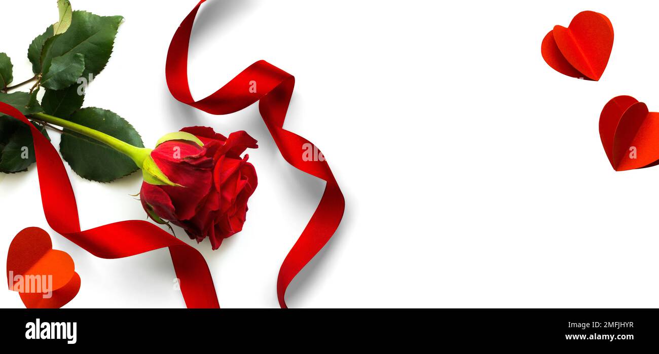 Banner Designelemente für den Hintergrund zum Valentinstag. Rote Rosenblume, Dekoration Rotes Herz und Band auf weißem Hintergrund, flach liegend Stockfoto