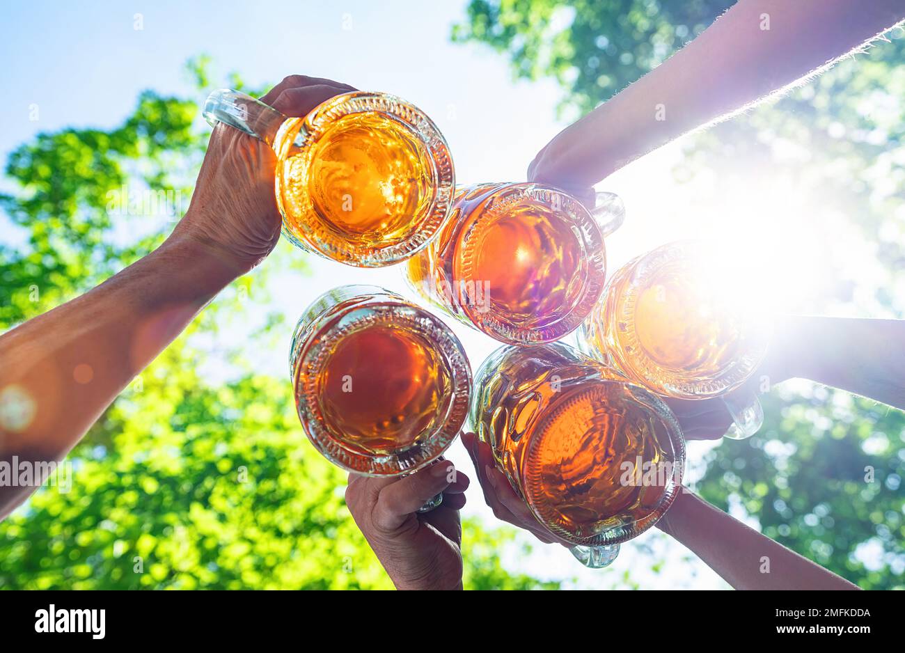 Freunde, die im Biergarten anstoßen und Bier trinken. Freundschaftsleben und Party beim Oktoberfest, Folk- oder Bierfestival mit hellem Sonnenlicht Stockfoto