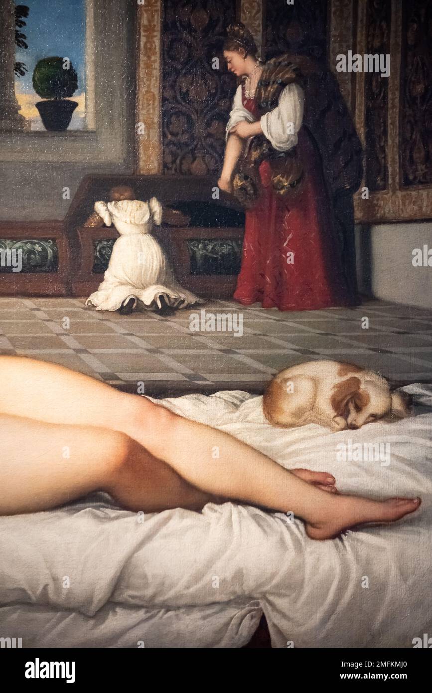 Detail des Renaissance-Gemäldes, das Frauen in ihrer privaten Kammer zeigt Stockfoto